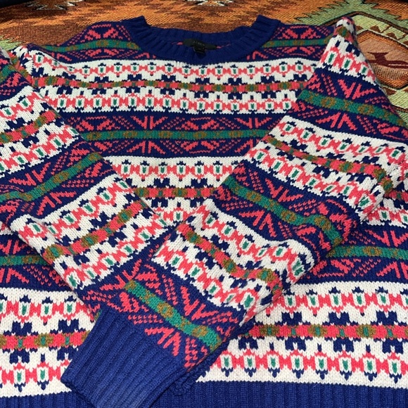 J Crew Fair Isle Sweater Blue/Multi-color LambsWool Crew Neck (SZ.M) - Picture 3 of 7